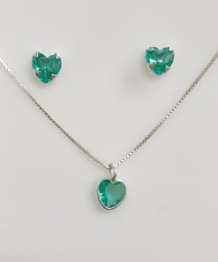 Conjunto Coração Zircônia Colorida - Verde Água