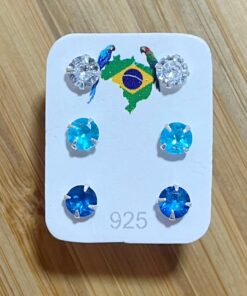 Trio de Brincos Zircônia Azul Claro, Azul Escuro e Branco