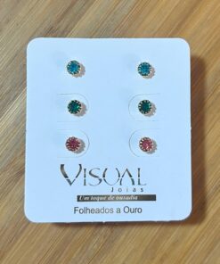 Trio Zircônias Coloridas Folheado Ouro 18k