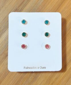 Trio Zircônias Coloridas Folheado Ouro 18k