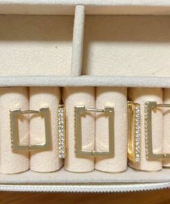 Trio Argolas Retangulares Cravejadas Folheada Ouro 18k